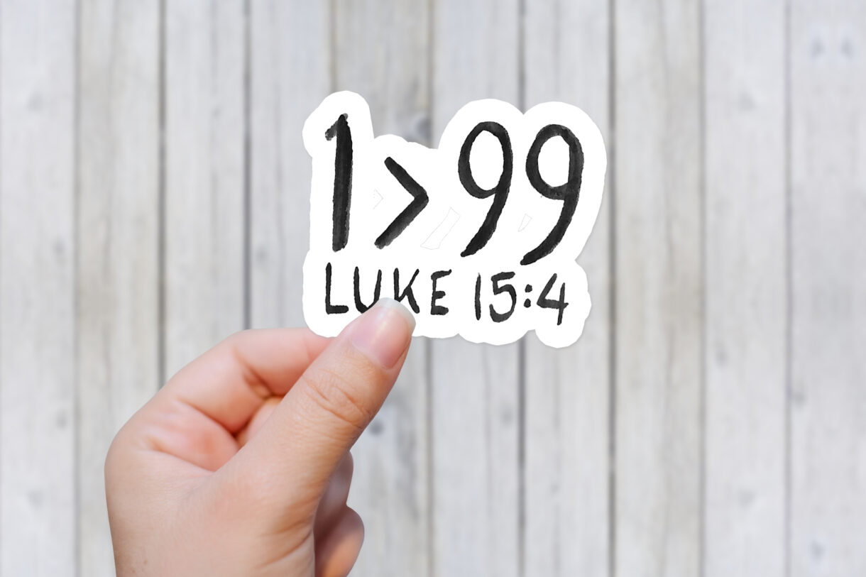 1 Greater than 99 Bible Verse Sticker - Handpainted watercolor and BIble verse handlettering sticker, Luke 15:4
