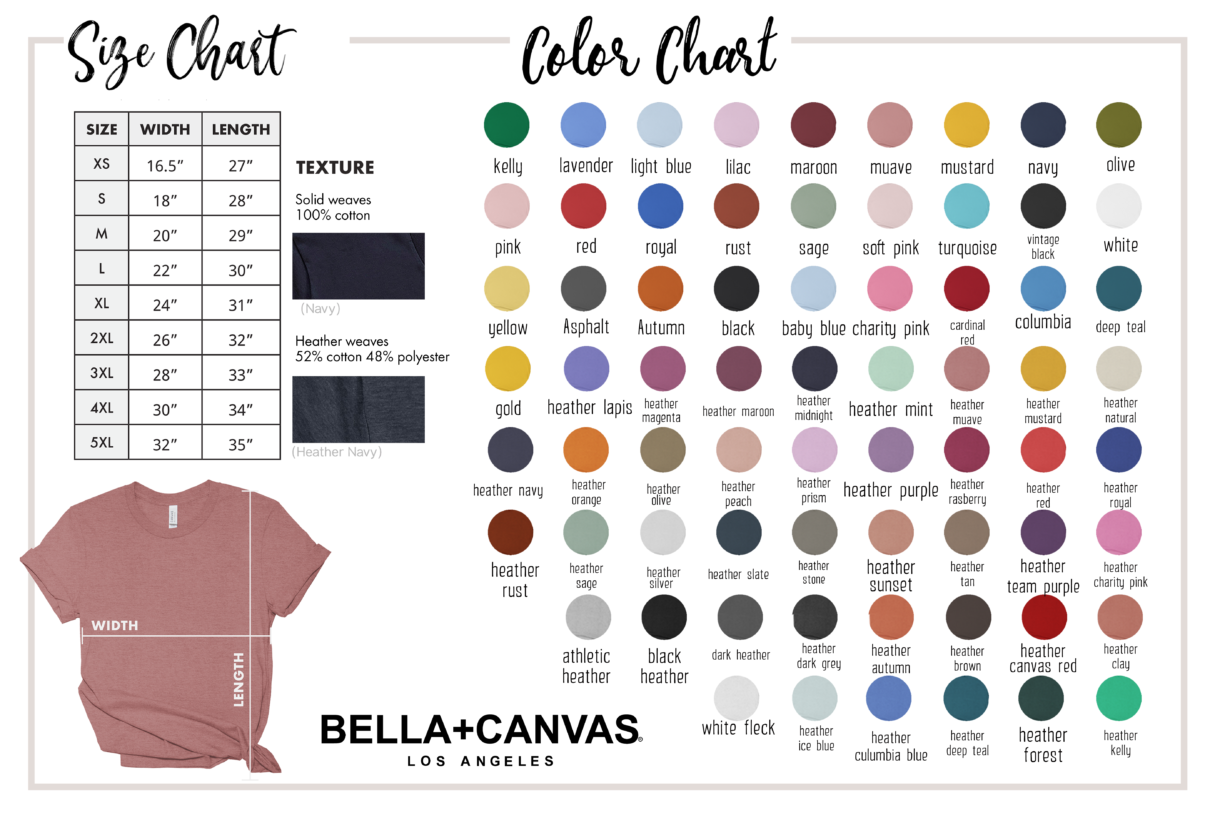2 color chart for bella canvas 3001 size chart b2 - Pelavida - Shop For Life
