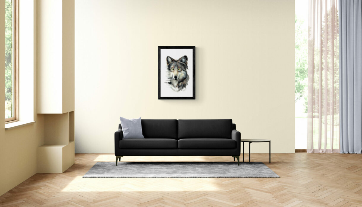 wolf art print, frame hanging over couch