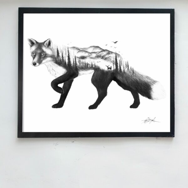 fox art print, frame on wall