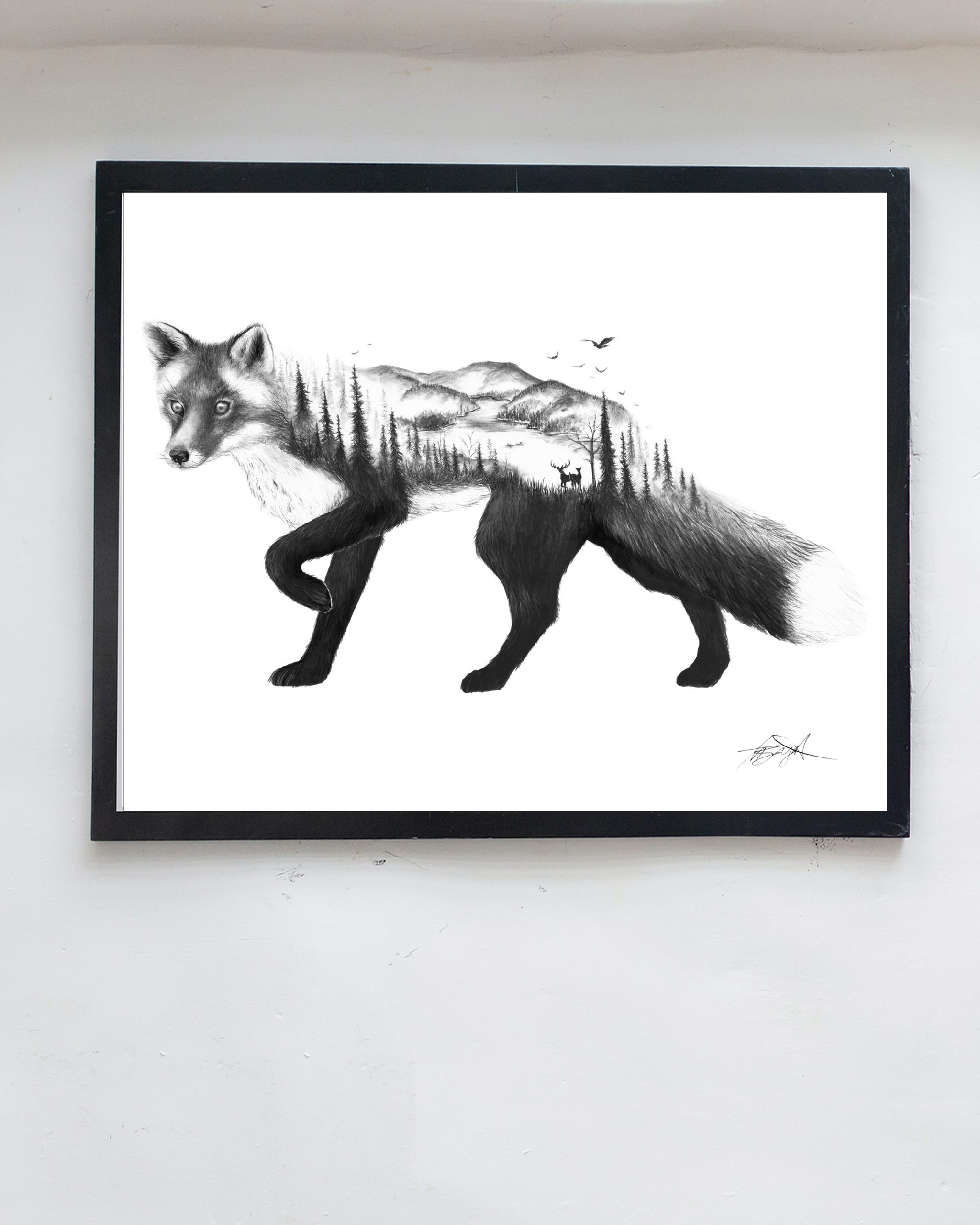 fox art print, frame on wall