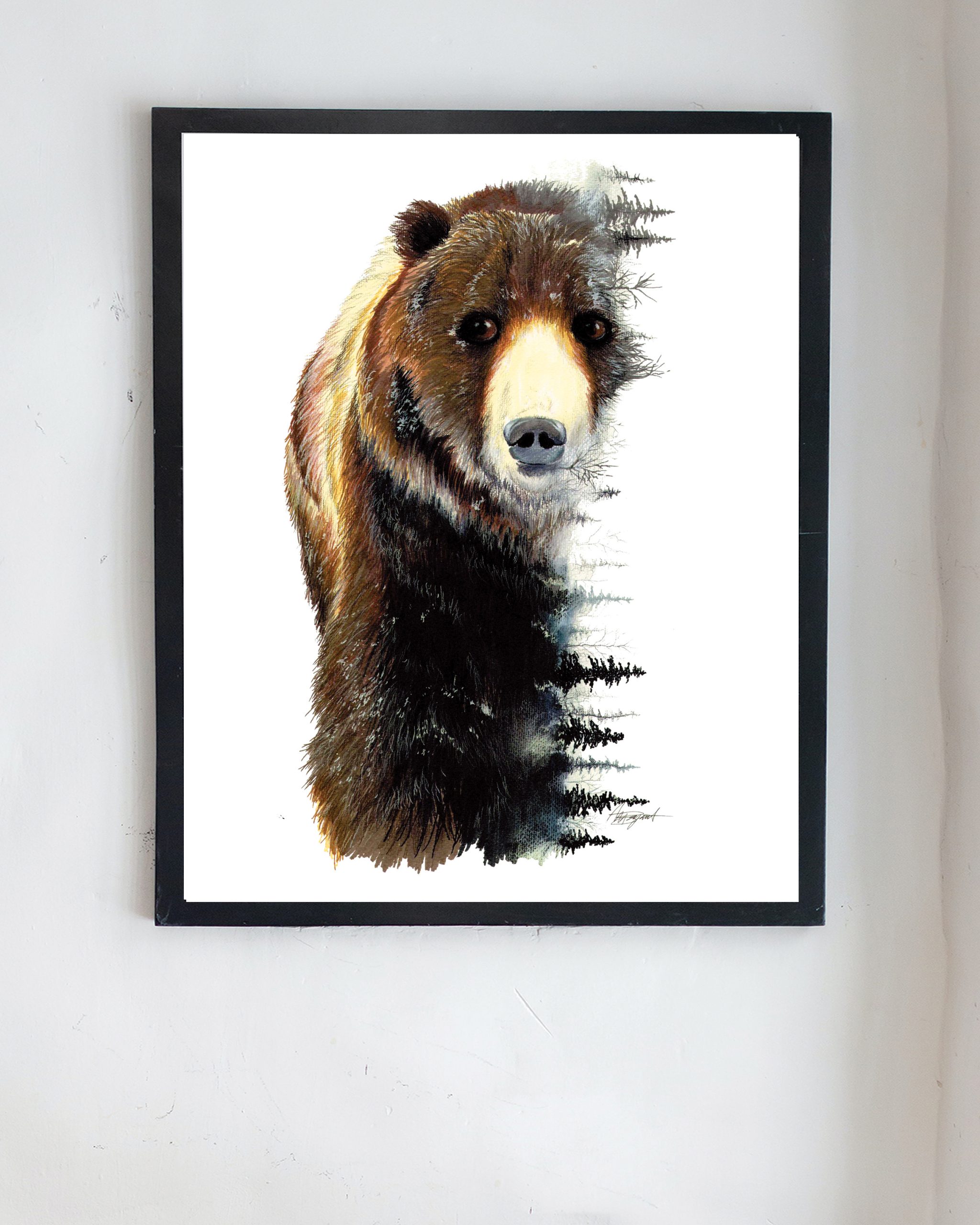 brown bear art print, framed art hanging on wall