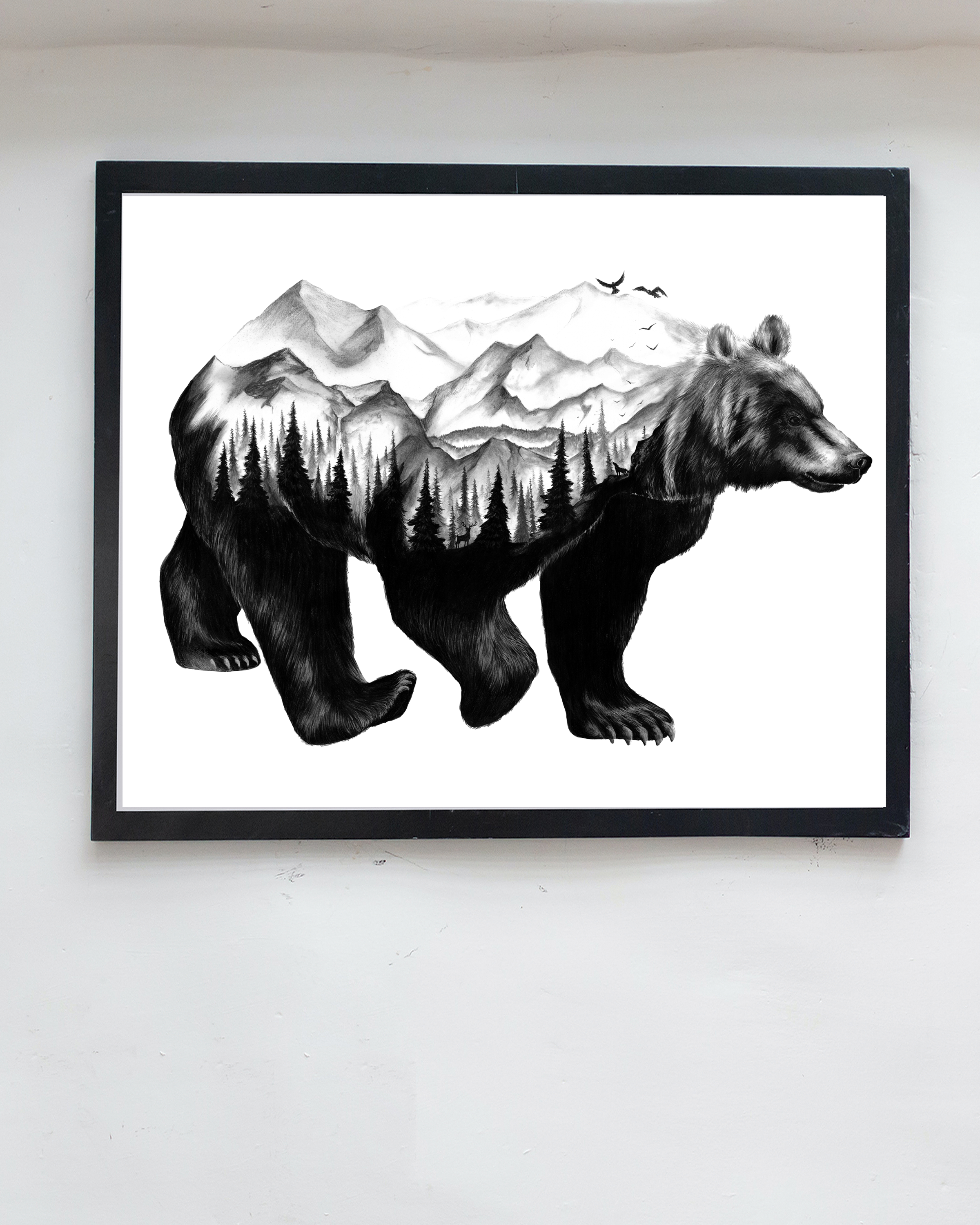 black bear art print, frame on wall