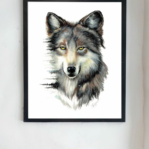 wolf art print, frame hanging on wall