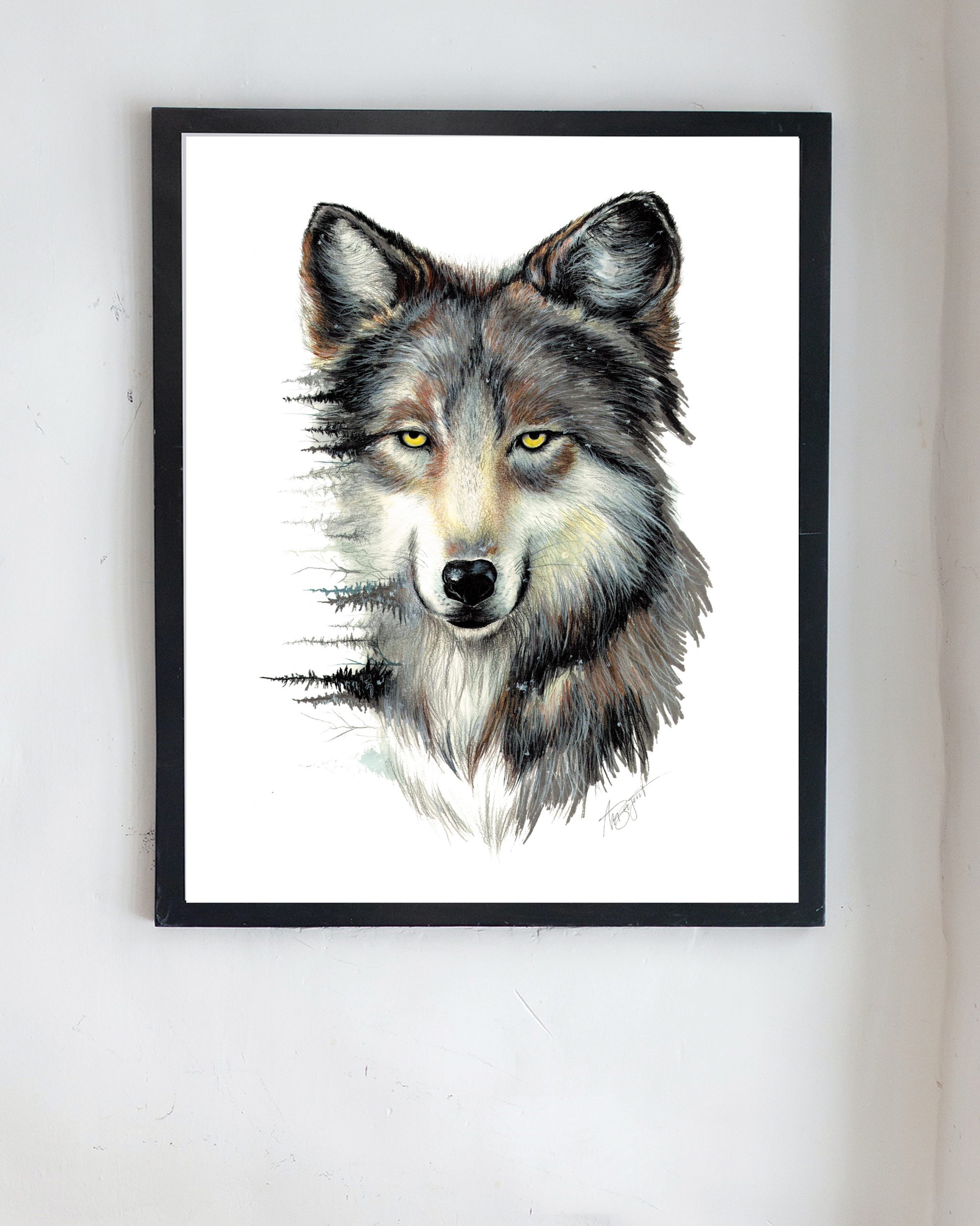 wolf art print, frame hanging on wall