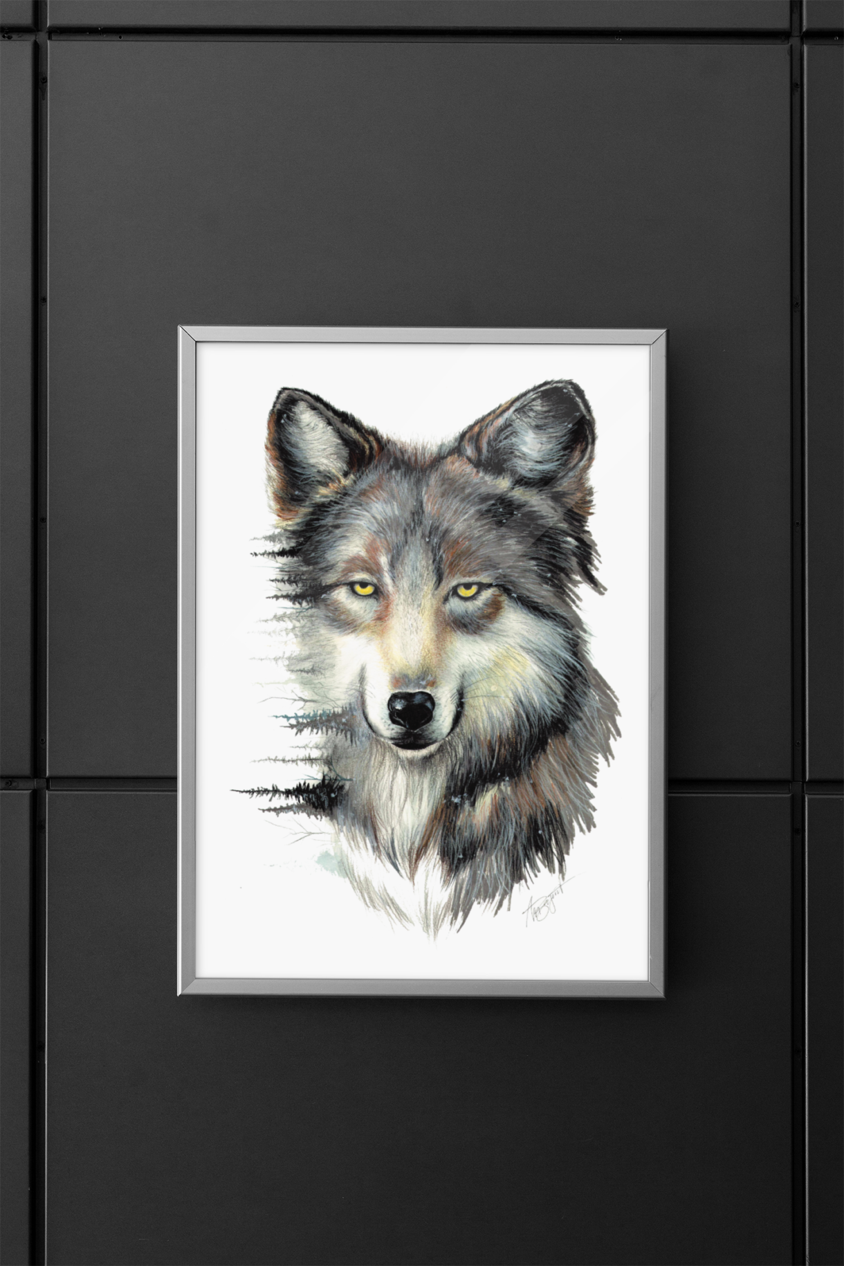 wolf art print on black wall