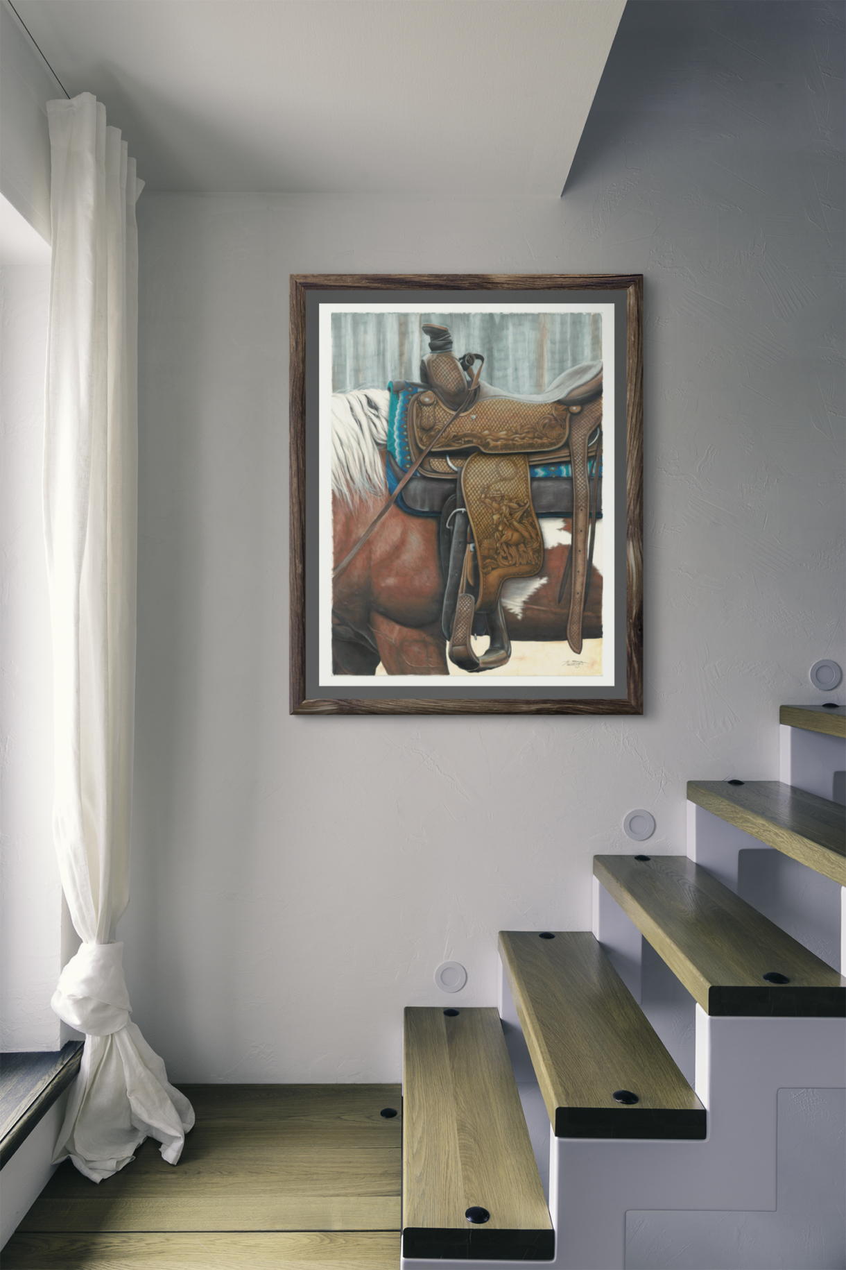 horse and saddle art print, frame hanging on wall over stairs