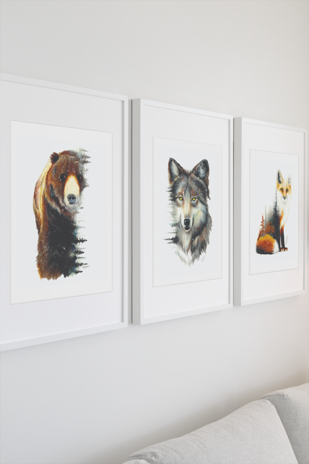 bear, wolf, fox art prints, three frames hanging on wall