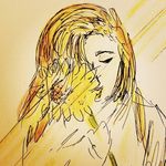 pen and colored pencil portrait of owner of store Rising Light holding a sunflower covering half of her face with sunbeams coming down over the whole image.