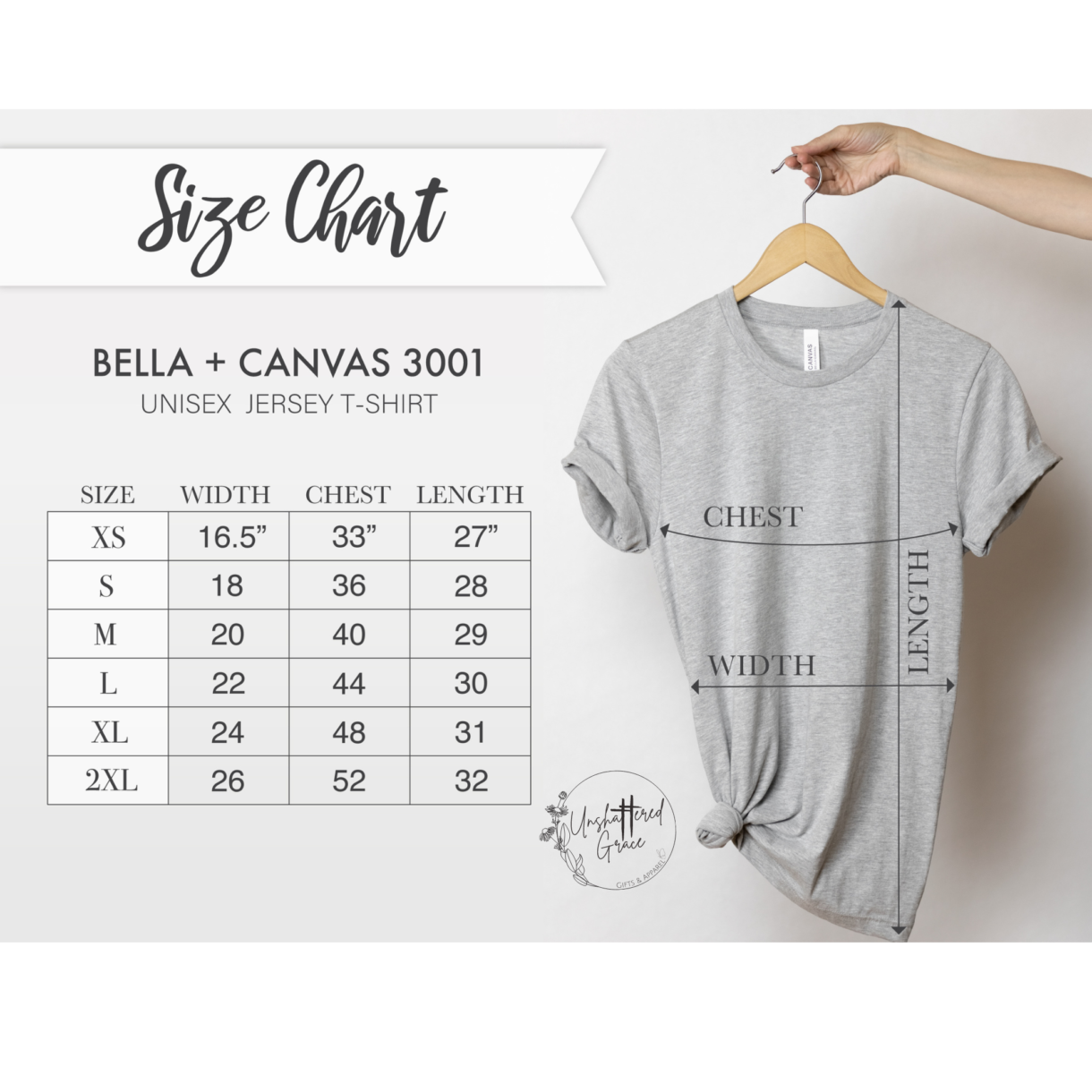 BC3001 Size Chart w Logo - Pelavida - Shop For Life