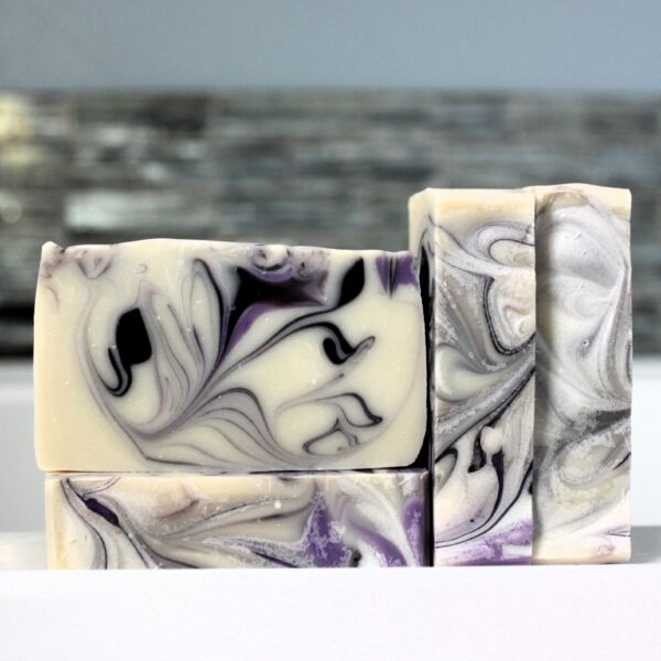 Purple and white bar soap in Black Raspberry Vanilla scent