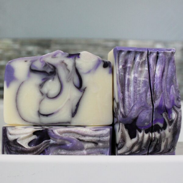 Purples and white bar soap in Blackberry Fizz scent