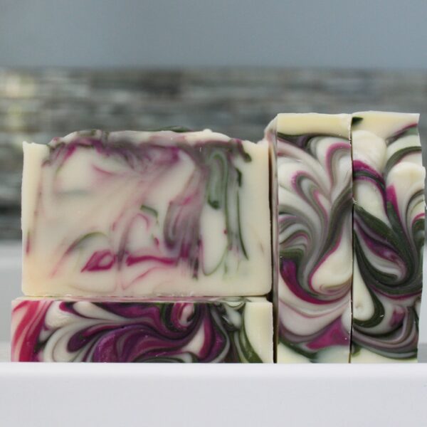 Pink green white bar soap in fruity scent