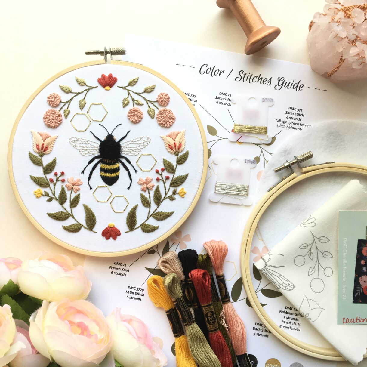 picture of the supplies that are included in the Honeybee Motif embroidery kit