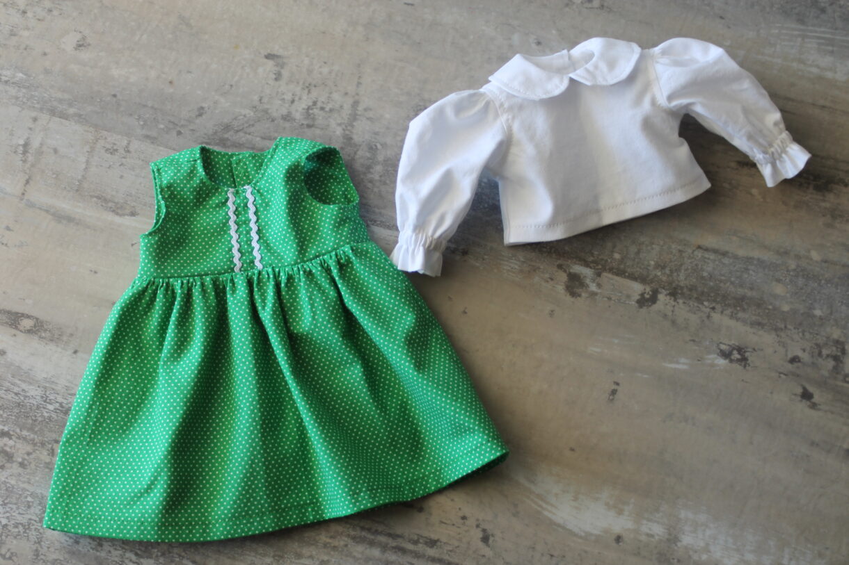 green and white pindot doll jumper