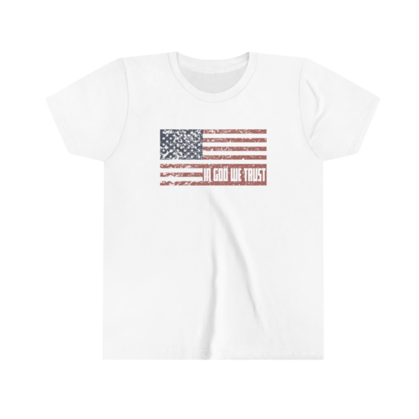 white flag youth tee with in god we trust in flag