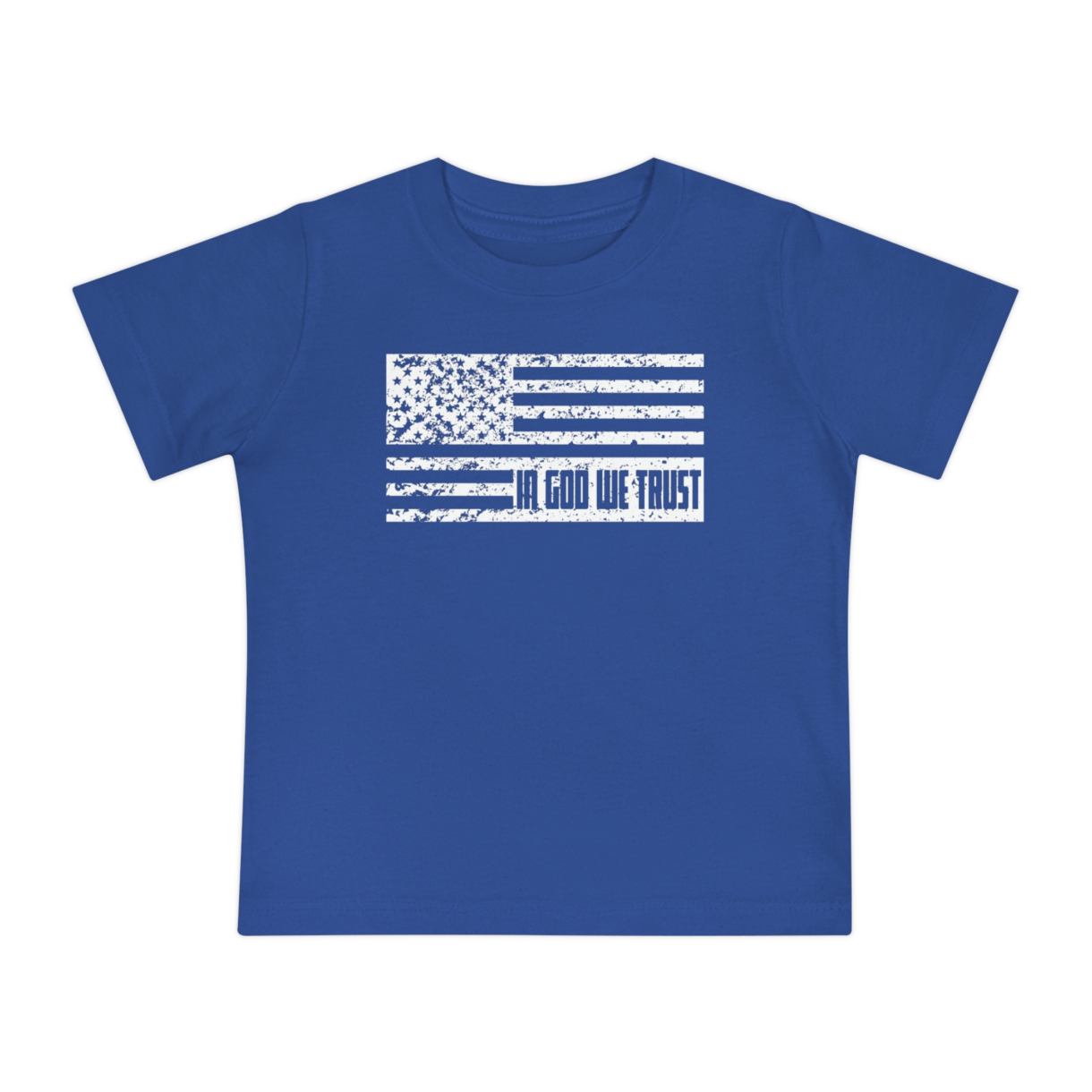 blue flag baby tee with in god we trust in flag
