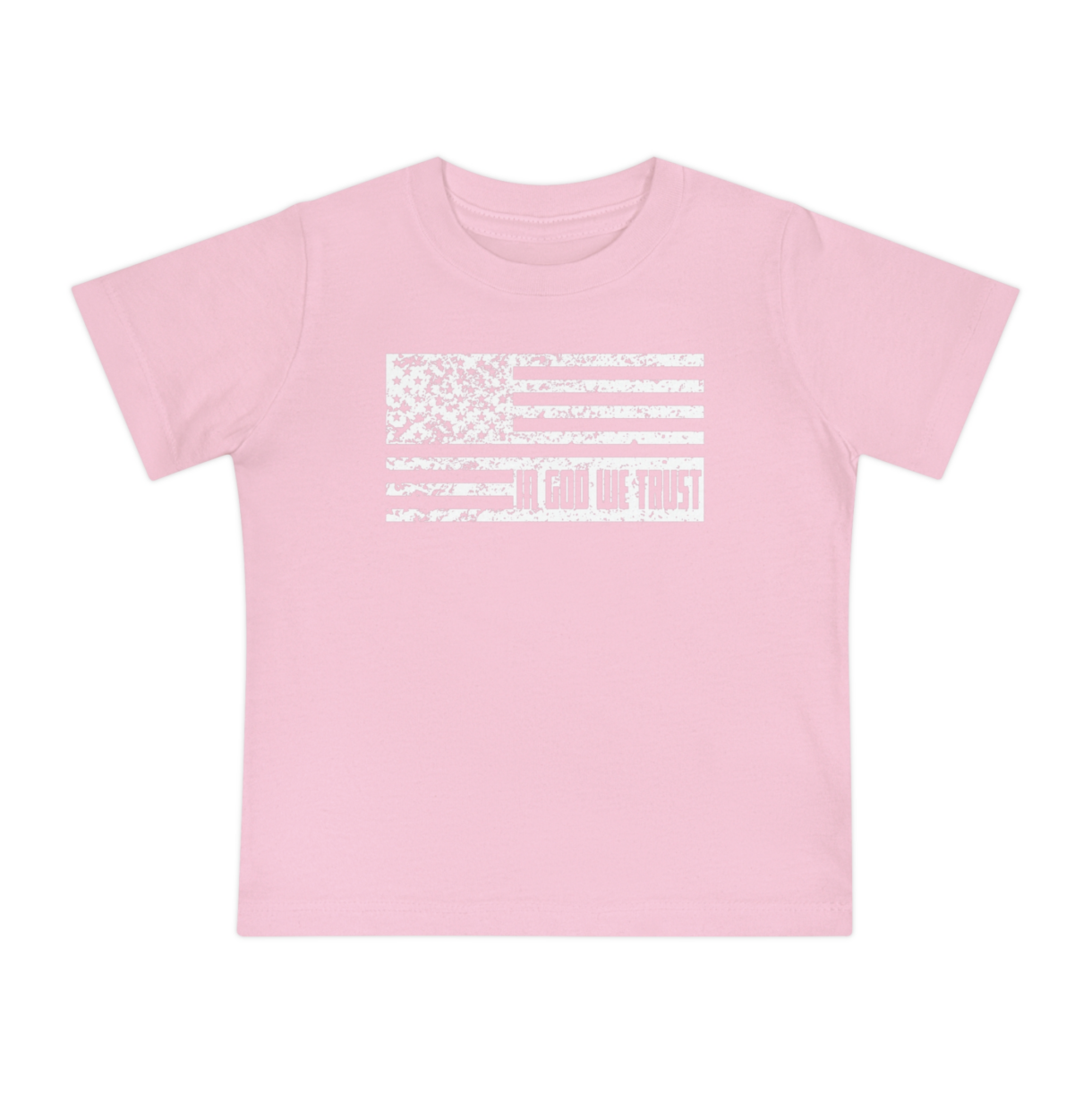 pink flag baby tee with in god we trust in flag
