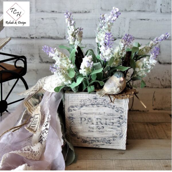 Shabby Chic Lavender Floral Arrangement Vintage Wood Box Planter