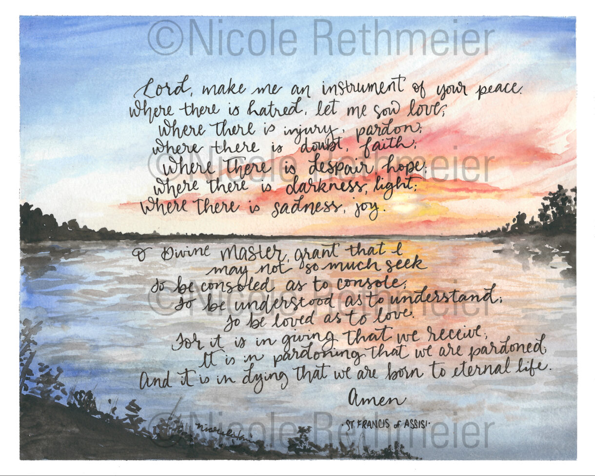 St Francis Prayer Print, Watercolor Handlettering lake and sunset art print