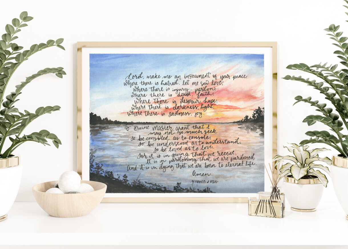 St Francis Prayer Print, Watercolor Handlettering lake and sunset art print