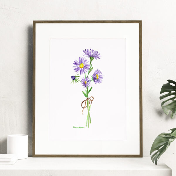 Birth month flowers - September, Watercolor Aster flowers