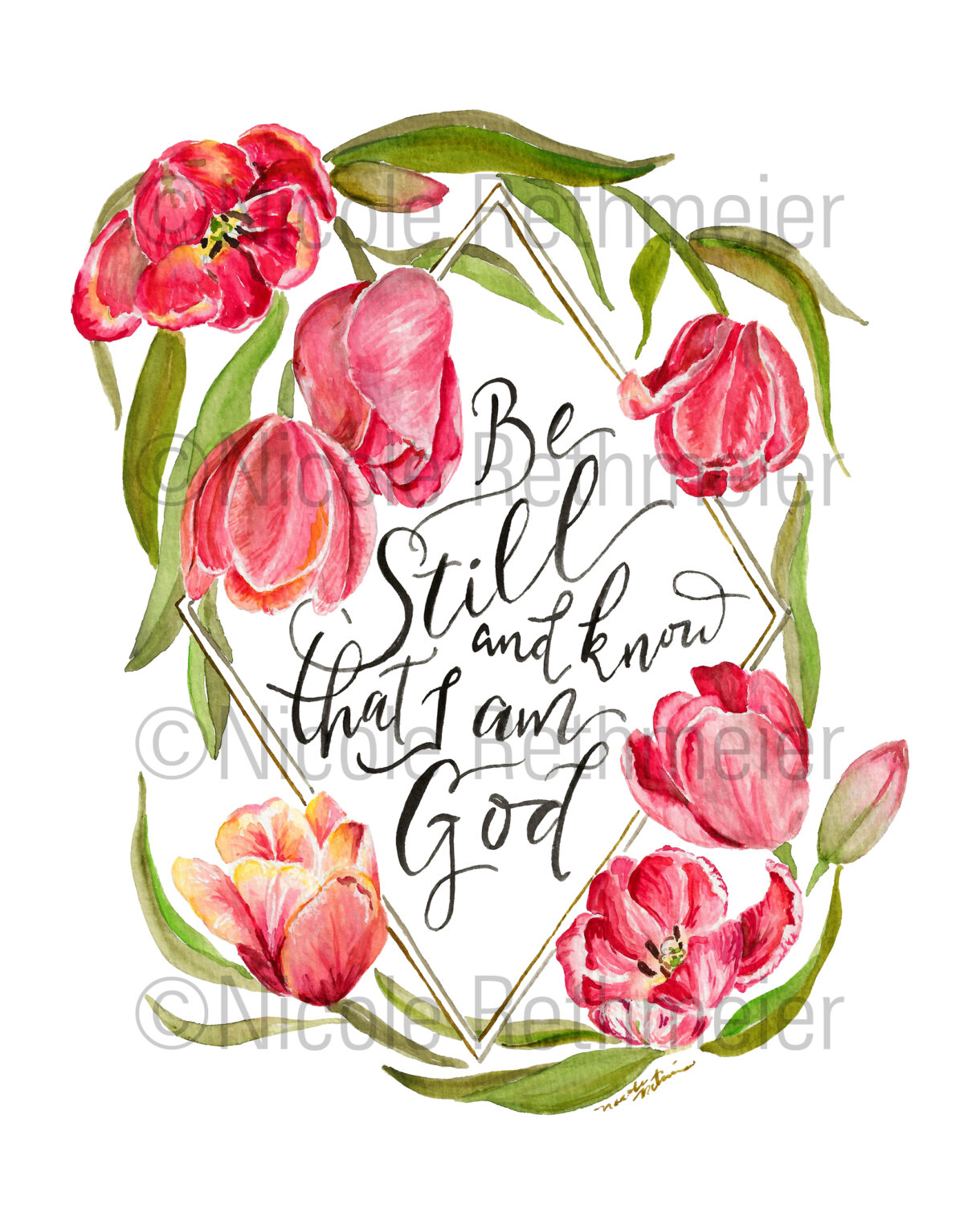 Be Still and Know Tulips Scripture Verse inspirational watercolor print - Psalm 46:10