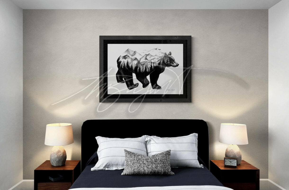 black bear fine art print drawing in frame over bed - Pelavida - Shop For Life