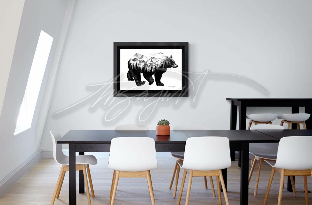 black bear fine art print drawing in frame over table - Pelavida - Shop For Life