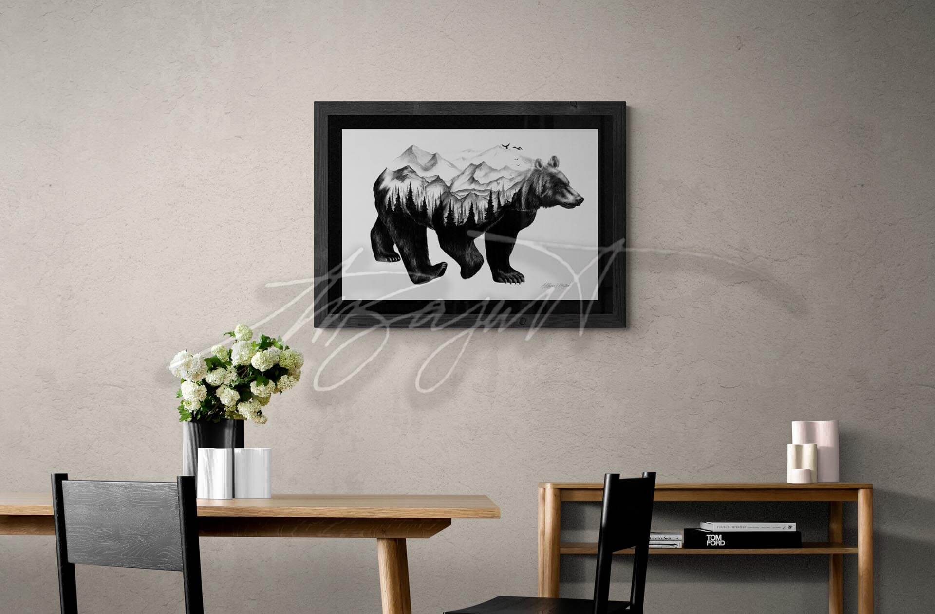 black bear fine art print drawing in frame over table 2 - Pelavida - Shop For Life
