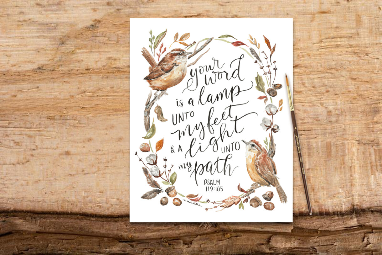 Your Word is a Lamp Psalm 119:105 - Carolina wren and fall foliage watercolor