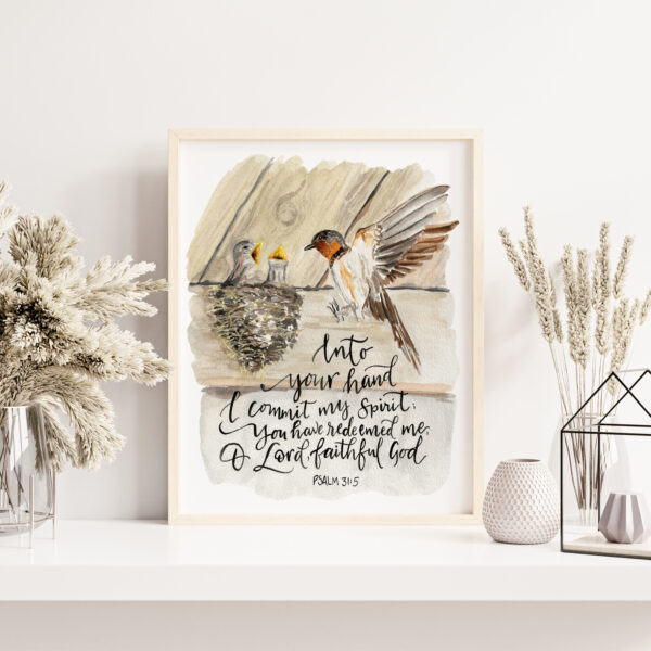 Faithful God Psalm 31:5 - Barn swallow and nest watercolor print
