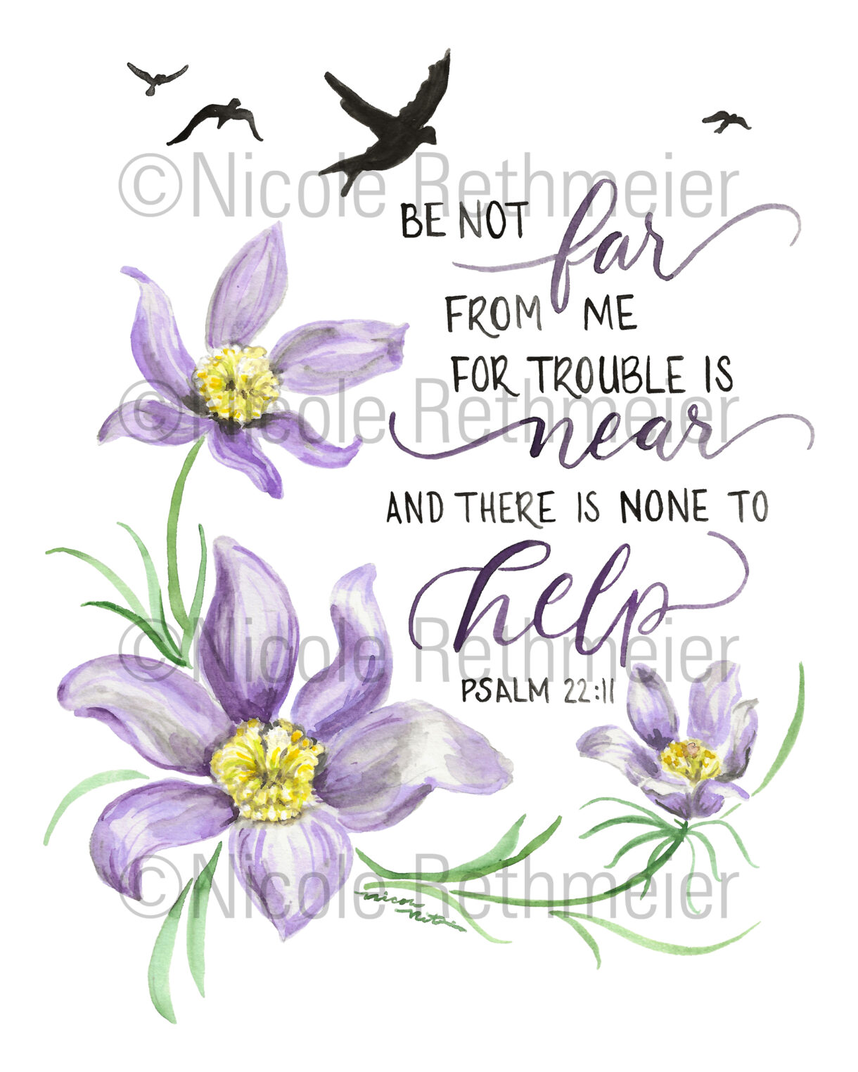 Be Near Psalm 22:11 - Pasqueflower and Birds watercolor fine art print