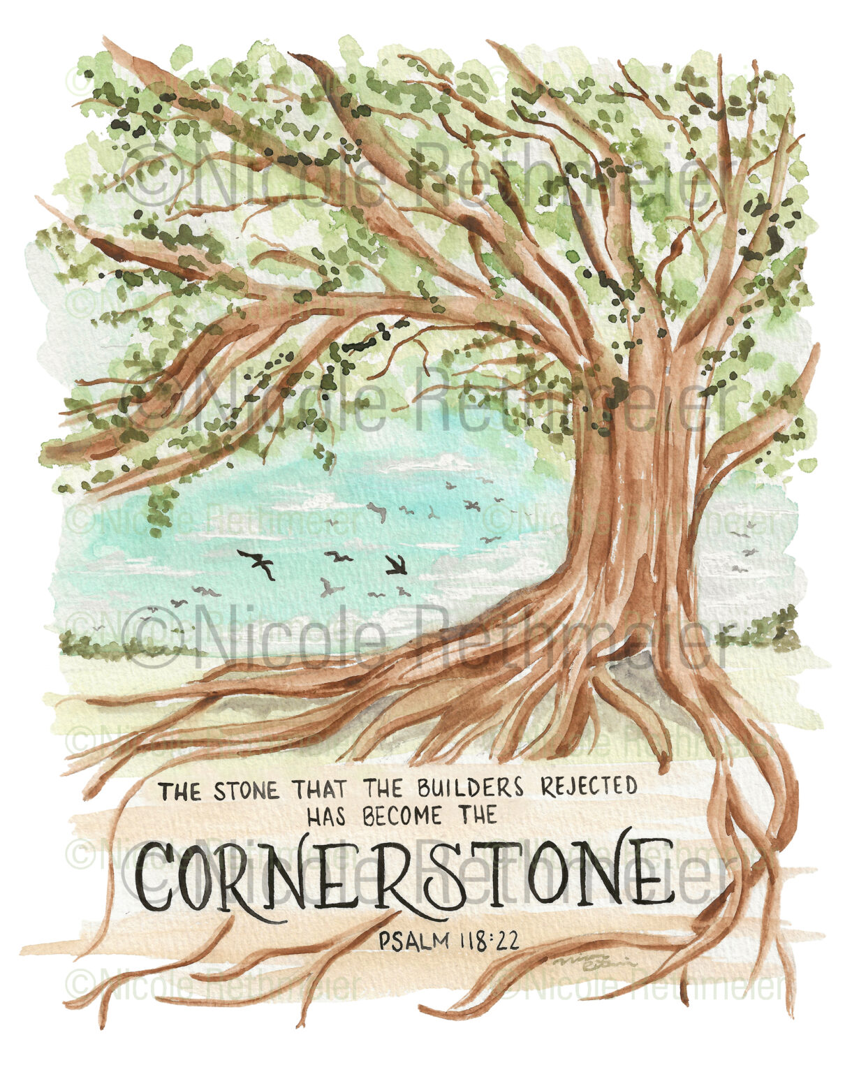 Cornerstone Scripture verse watercolor print - Psalm 118:22