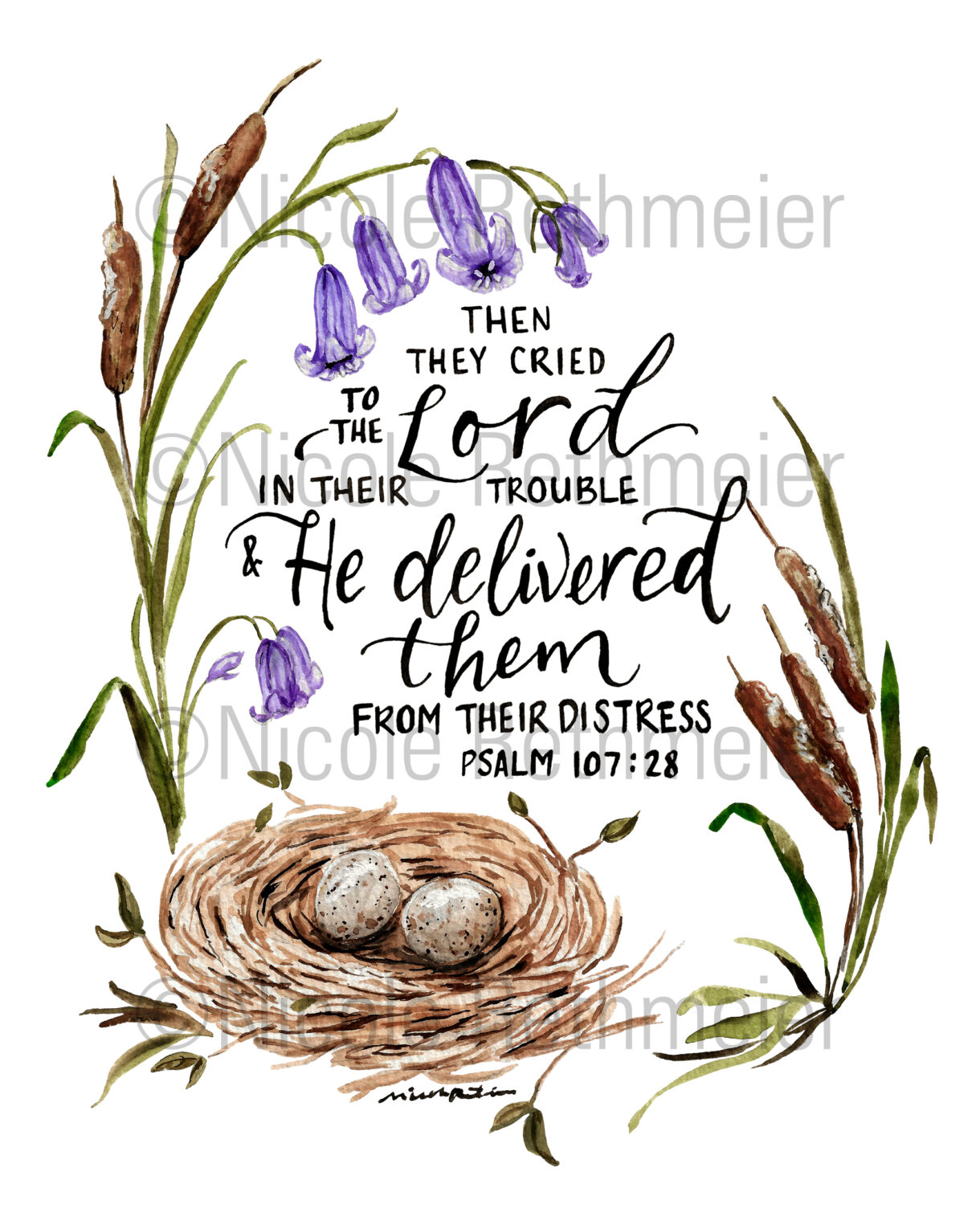 They Cried to the Lord Psalm 107:28 - Bluebells and sparrow nest watercolor fine art print
