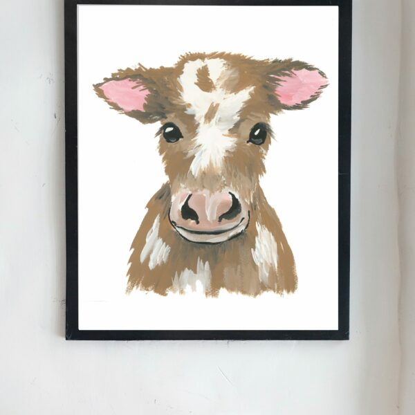 calf nursery art print in frame hanging on wall