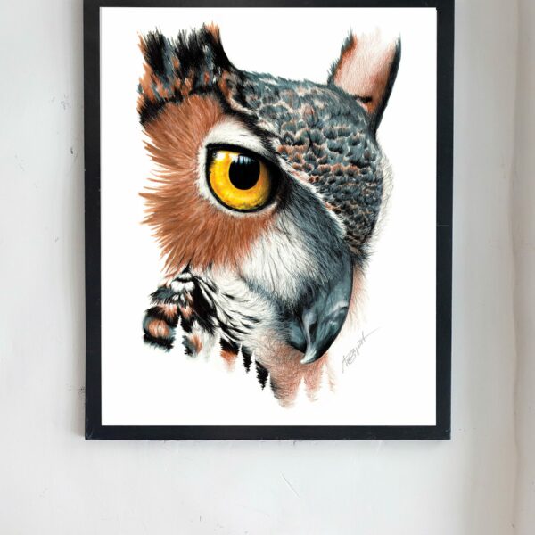 owl art print frame hanging on wall