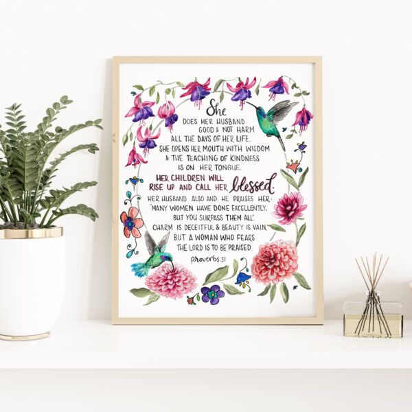 Proverbs 31 - Hummingbird, Dahlia and Fuschia watercolor fine art print