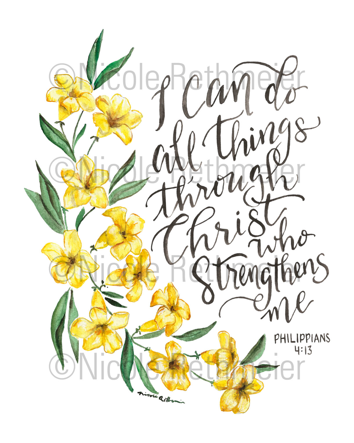 I Can Do All Things Through Christ watercolor art print, Philippians 4:13 scripture print, yellow jessamine