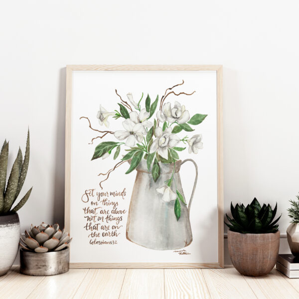 Set Your Mind Scripture Verse watercolor floral print - Colossians 3:2 jasmine flowers and pitcher