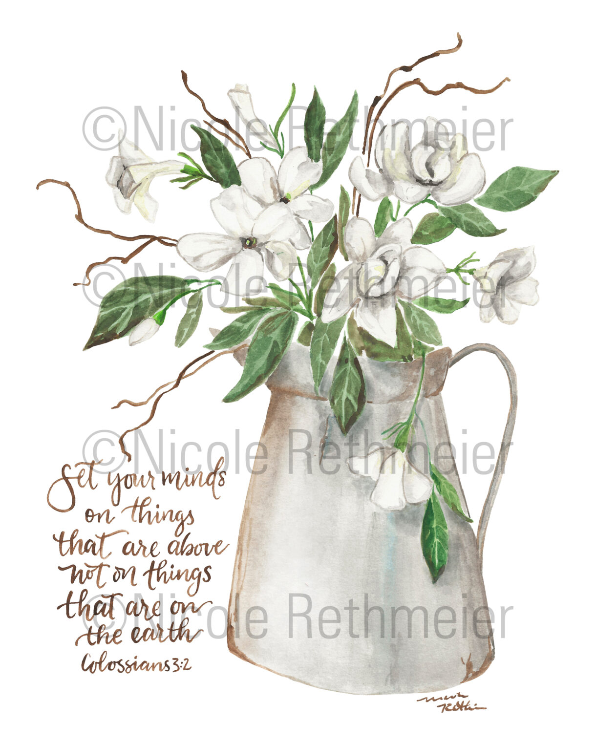 Set Your Mind Scripture Verse watercolor floral print