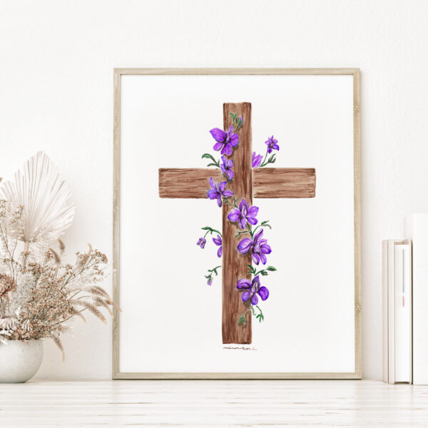 Watercolor Cross with larkspur flowers - birth month flowers - July