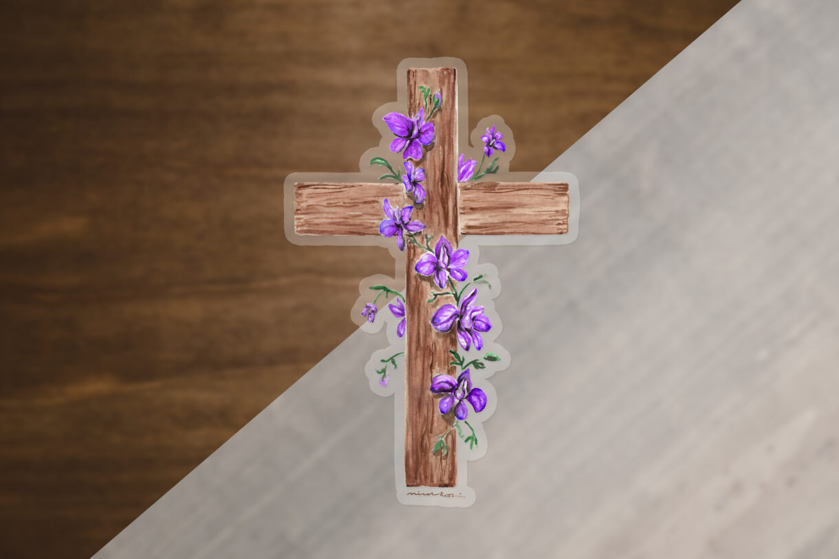 Watercolor Cross with larkspur flowers watercolor vinyl sticker | Watercolor sticker