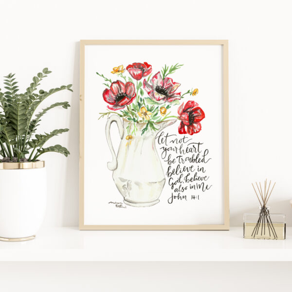 Let Not Your Heart Be Troubled John 14:1 - Floral Watercolor Print, Bible verse wall decor