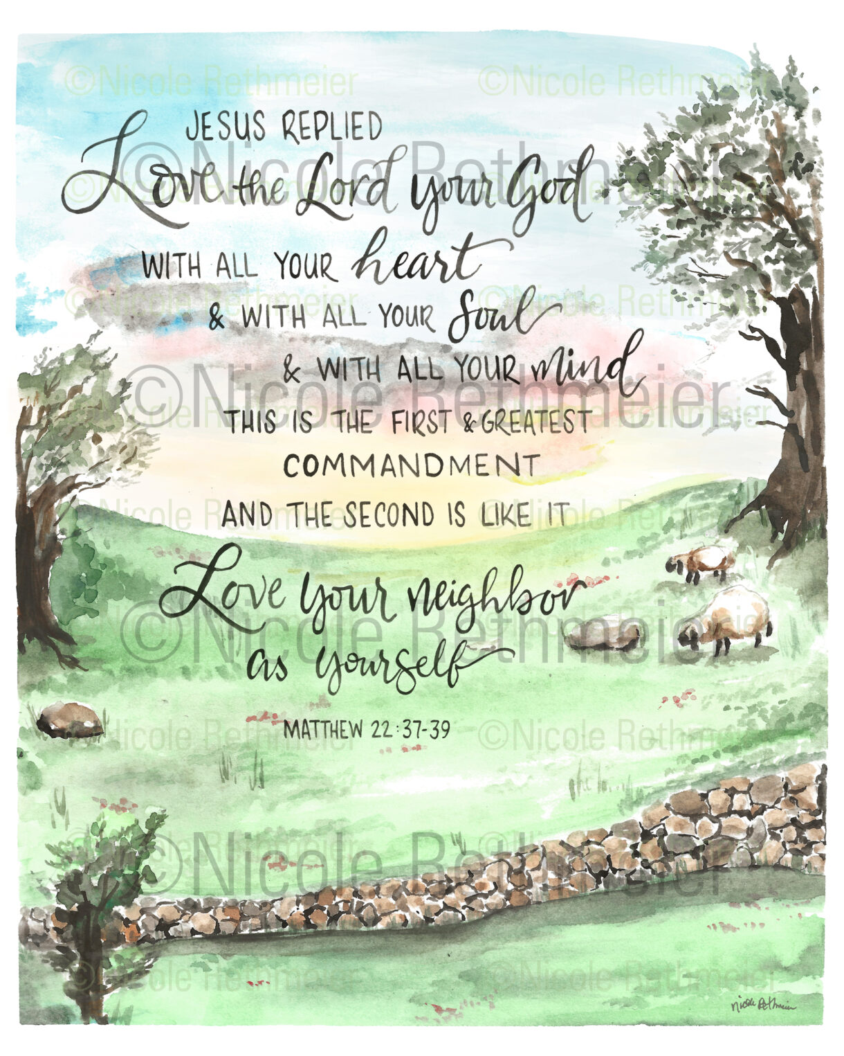 Love the Lord - Love Your Neighbor - Matthew 22:37-39, handlettering Bible verse, sheep landscape