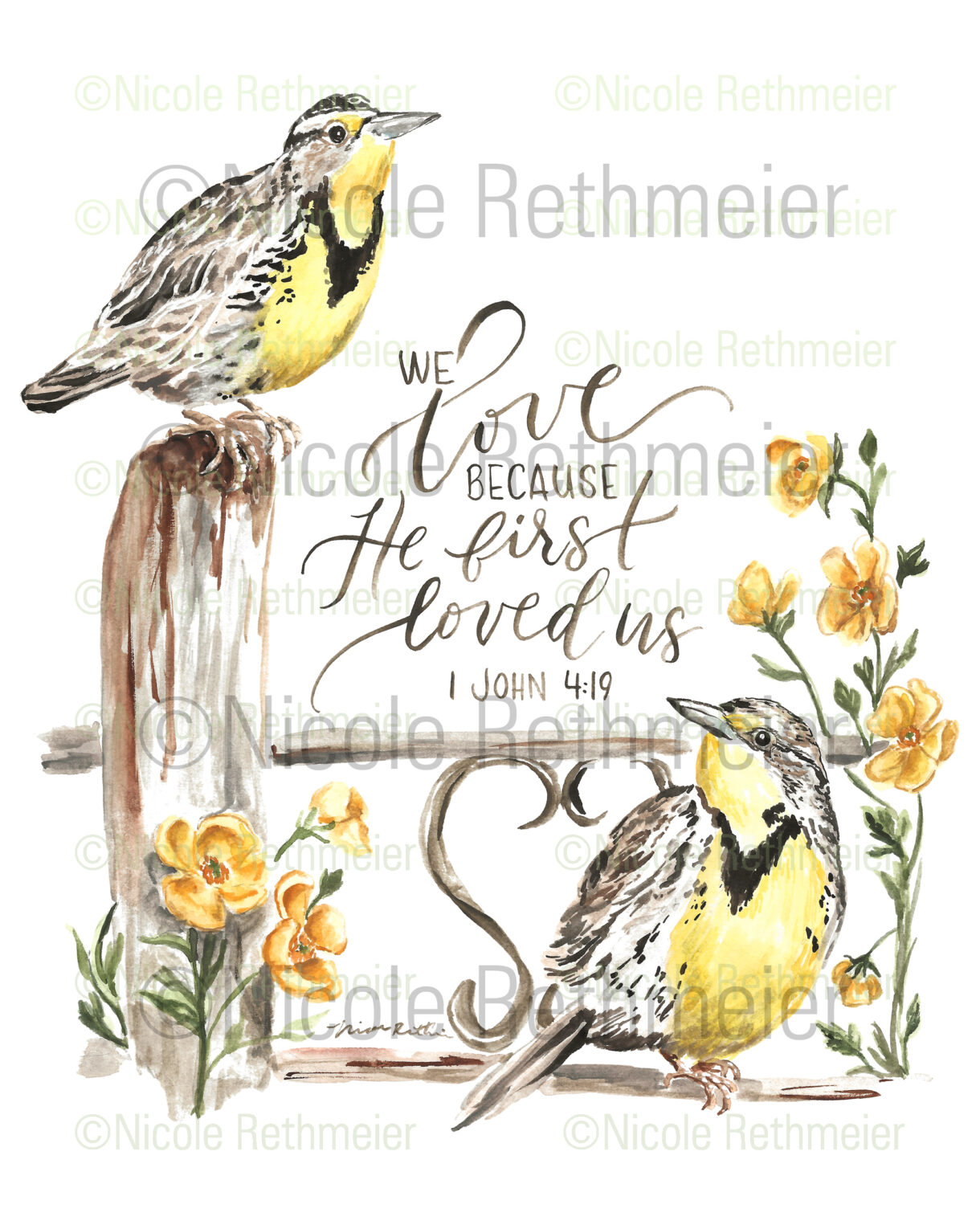 He First Loved Us 1 John 4:19 - Meadowlarks and buttercup flowers watercolor verse