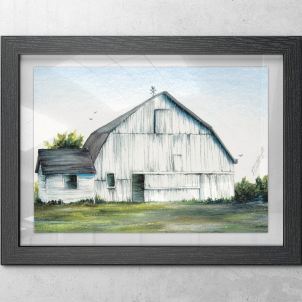 old white barn fine art print in frame on wall