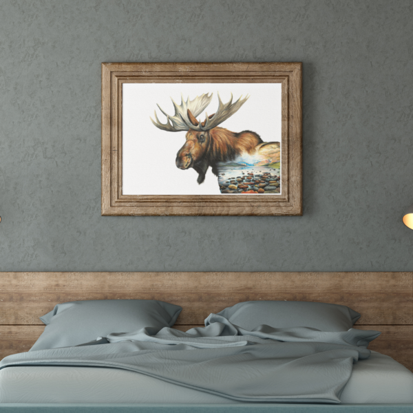 moose fine art print in wooden frame over bed