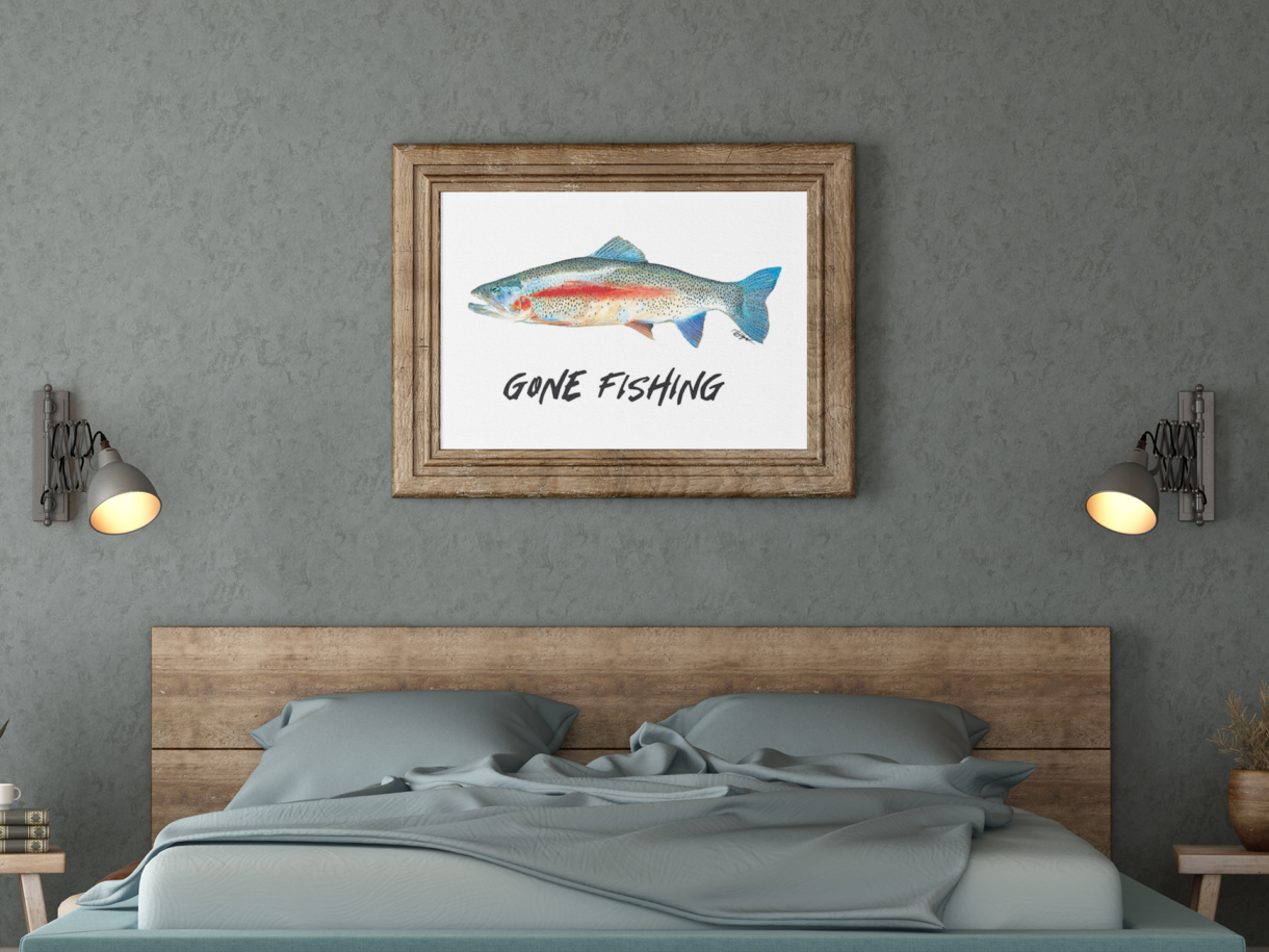 rainbow trout art print in wooden frame hanging over bed