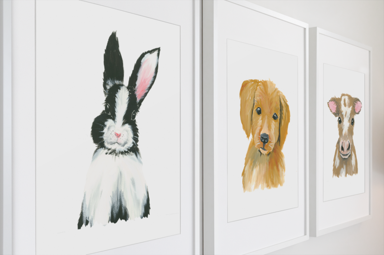 bunny, puppy, calf prints framed on wall